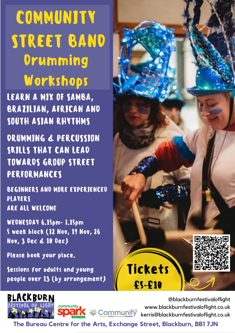 Blackburn Festival of Light Community Street Band - Drumming Workshops at The Bureau Centre for the Arts - Blackburn Festival Street Band Poster Nov 2025