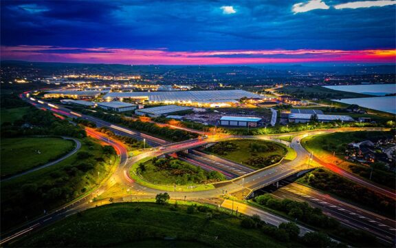 An aerial photo of Junction 5 of the M65 taken in the evening.