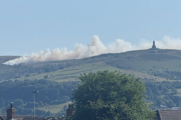 A wildfire on the moors above Darwen, near Darwen Tower.