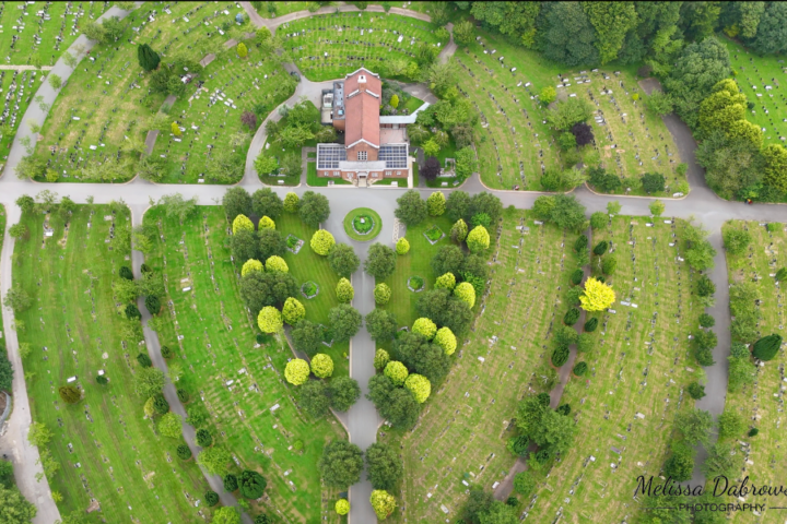 Drone shot of Pleasington Crematorium and some of the Cemetery.