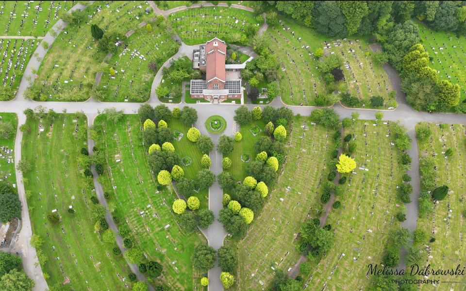 Drone shot of Pleasington Crematorium and some of the Cemetery.