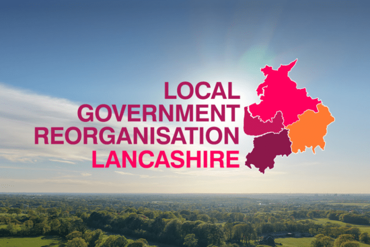 Graphic reading “Local Government Reorganisation Lancashire” over an aerial landscape image, alongside a colour-coded map outline of Lancashire divided into several regions against a blue sky background.